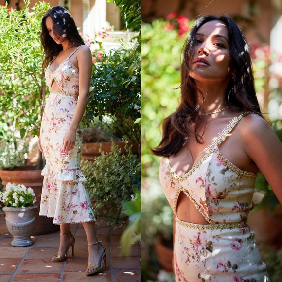 V. CHAPMAN The Luna Dress English Rose Floral Cutout Embellished Beaded Midi - Picture 4 of 11